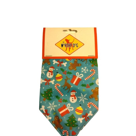 Worthy Dog Christmas Collar Bandana Blue Holiday Snowman Gingerbread Pet Dog - Picture 1 of 4